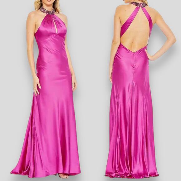 NWT MAC DUGGAL DRESS GOWN PINK SATIN BEADED JEWEL HALTER NECK SHEATH LONG MAXI - Picture 1 of 16